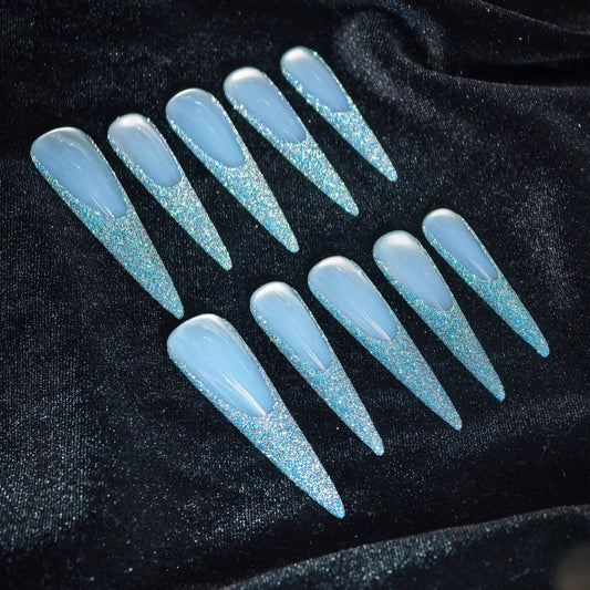 Press On Nails Blue Crystal Glitter Long Pointy Fake Nails with Adhesive Tabs, Winter Icy Fairy Blue Full Cover False Nails for Women Girls, Reusable Party & Holiday Nails Set