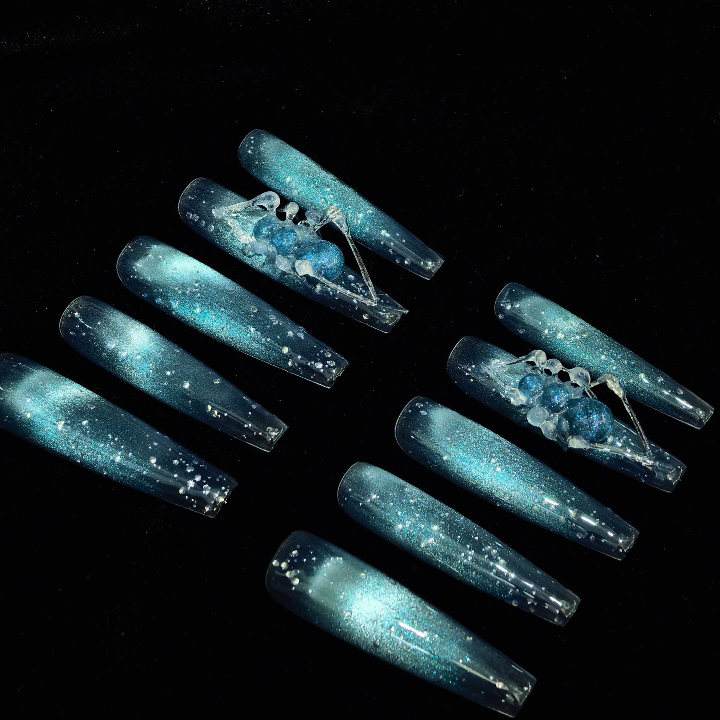 Long Coffin Wearable Nail Tips, Icy Blue Gradient Cat Eye 3D Crystal Drip Glitter Removable Press On Nails for Women, Wedding Bridal Manicure, Reusable False Nails Set