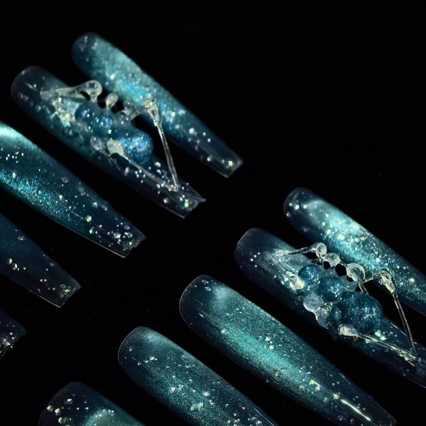 Long Coffin Wearable Nail Tips, Icy Blue Gradient Cat Eye 3D Crystal Drip Glitter Removable Press On Nails for Women, Wedding Bridal Manicure, Reusable False Nails Set