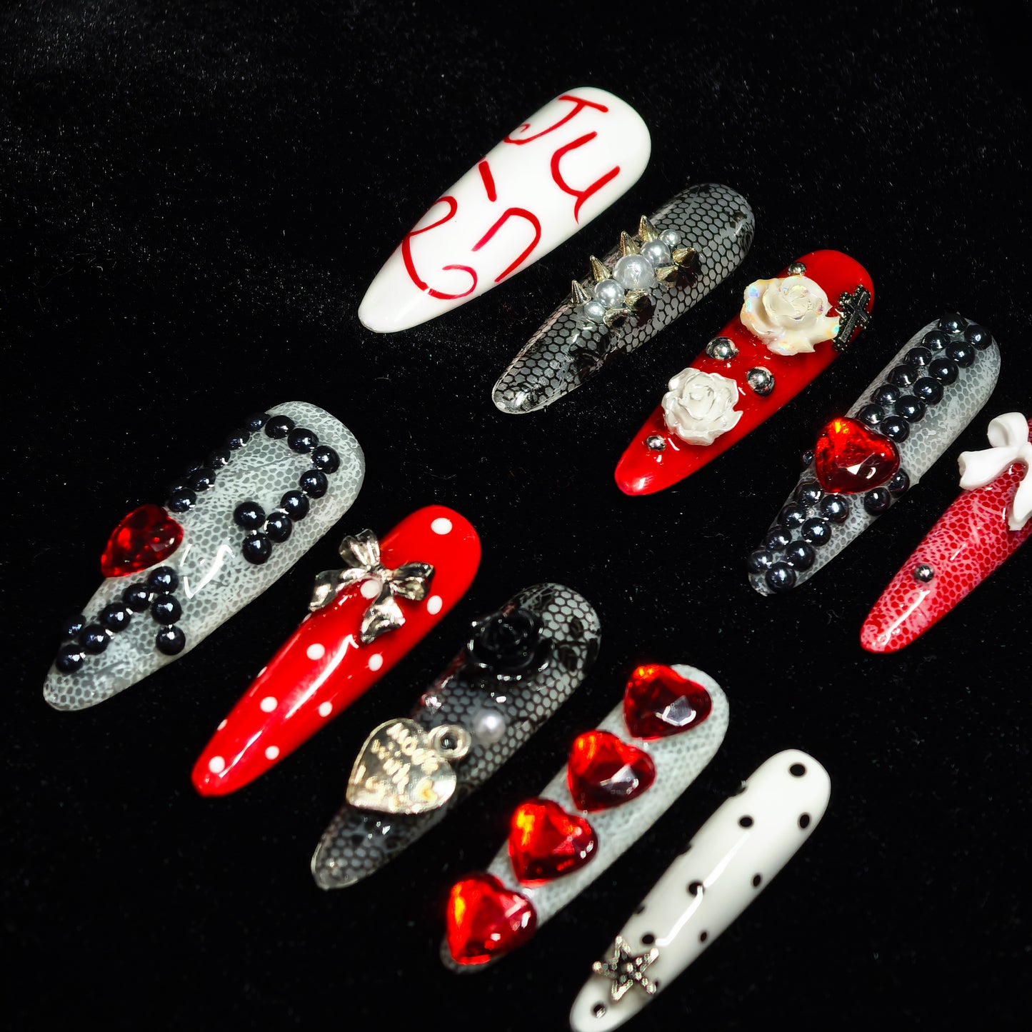 Gothic Y2K Press On Nails Set | Handmade Lace Rhinestone Bow Heart Punk Rivet Polka Dot Long - Lasting Gel Nail Tips for Women