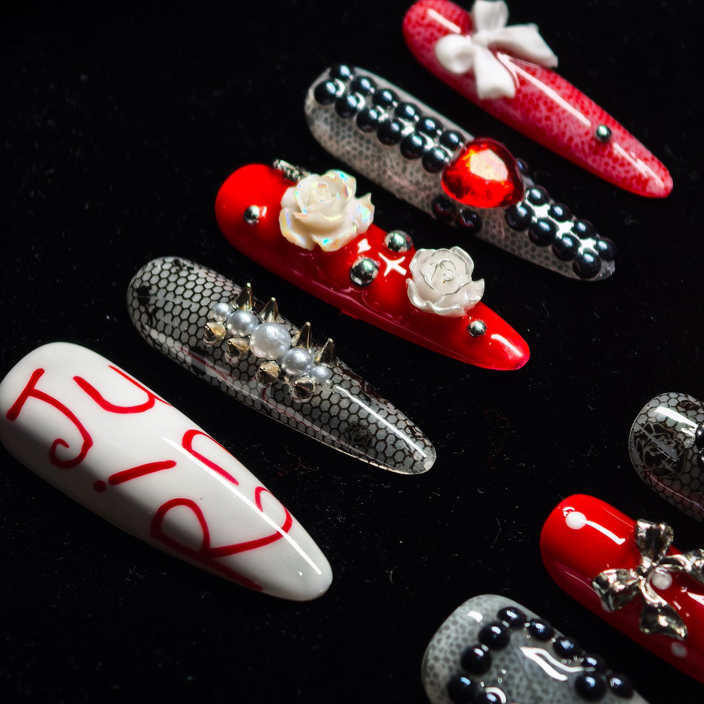 Gothic Y2K Press On Nails Set | Handmade Lace Rhinestone Bow Heart Punk Rivet Polka Dot Long - Lasting Gel Nail Tips for Women