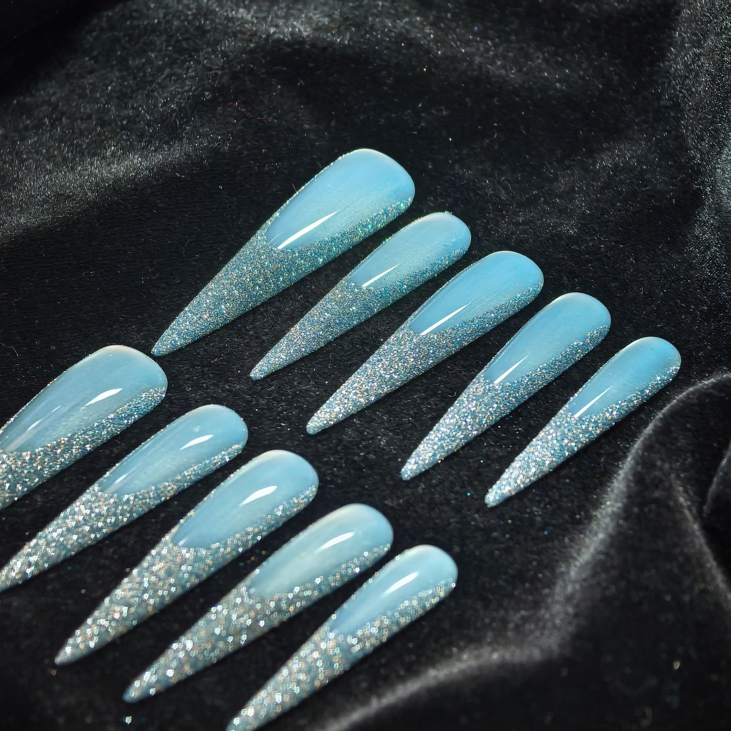 Press On Nails Blue Crystal Glitter Long Pointy Fake Nails with Adhesive Tabs, Winter Icy Fairy Blue Full Cover False Nails for Women Girls, Reusable Party & Holiday Nails Set