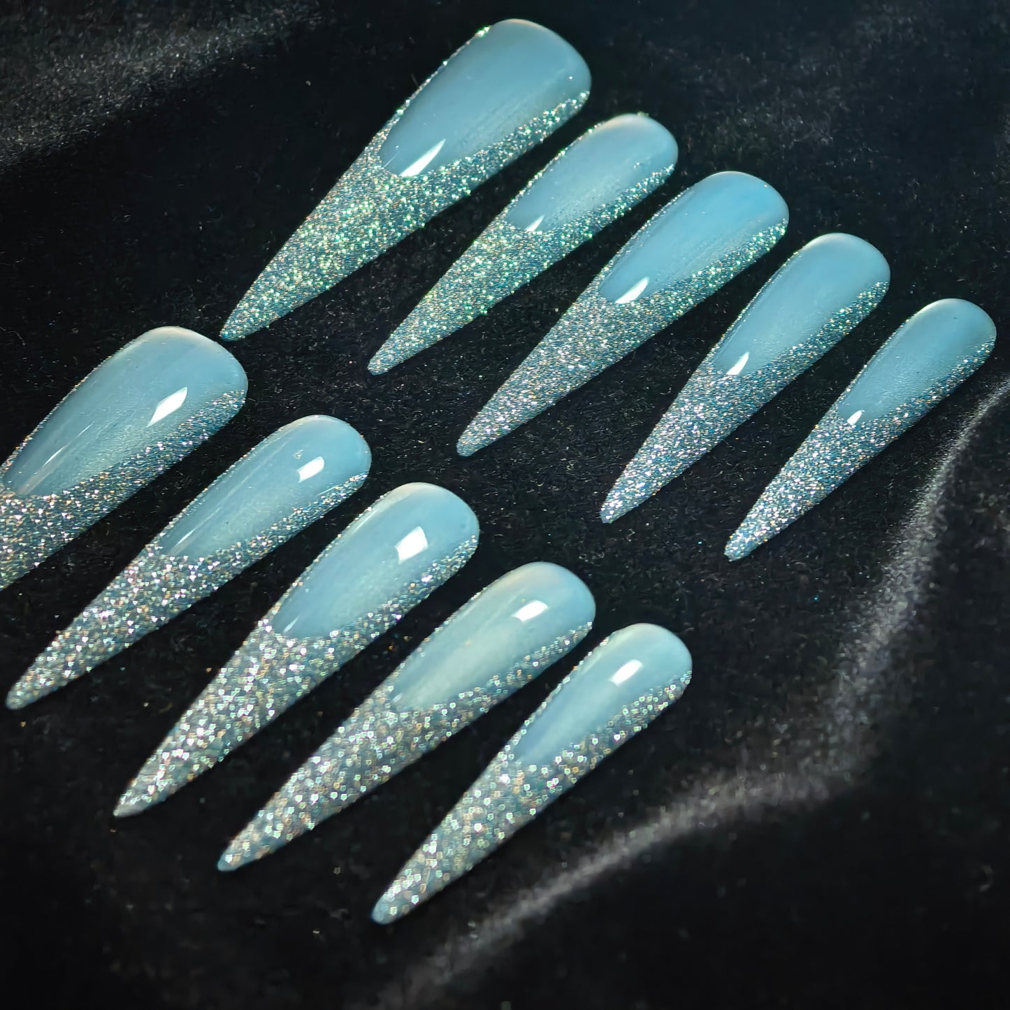 Press On Nails Blue Crystal Glitter Long Pointy Fake Nails with Adhesive Tabs, Winter Icy Fairy Blue Full Cover False Nails for Women Girls, Reusable Party & Holiday Nails Set