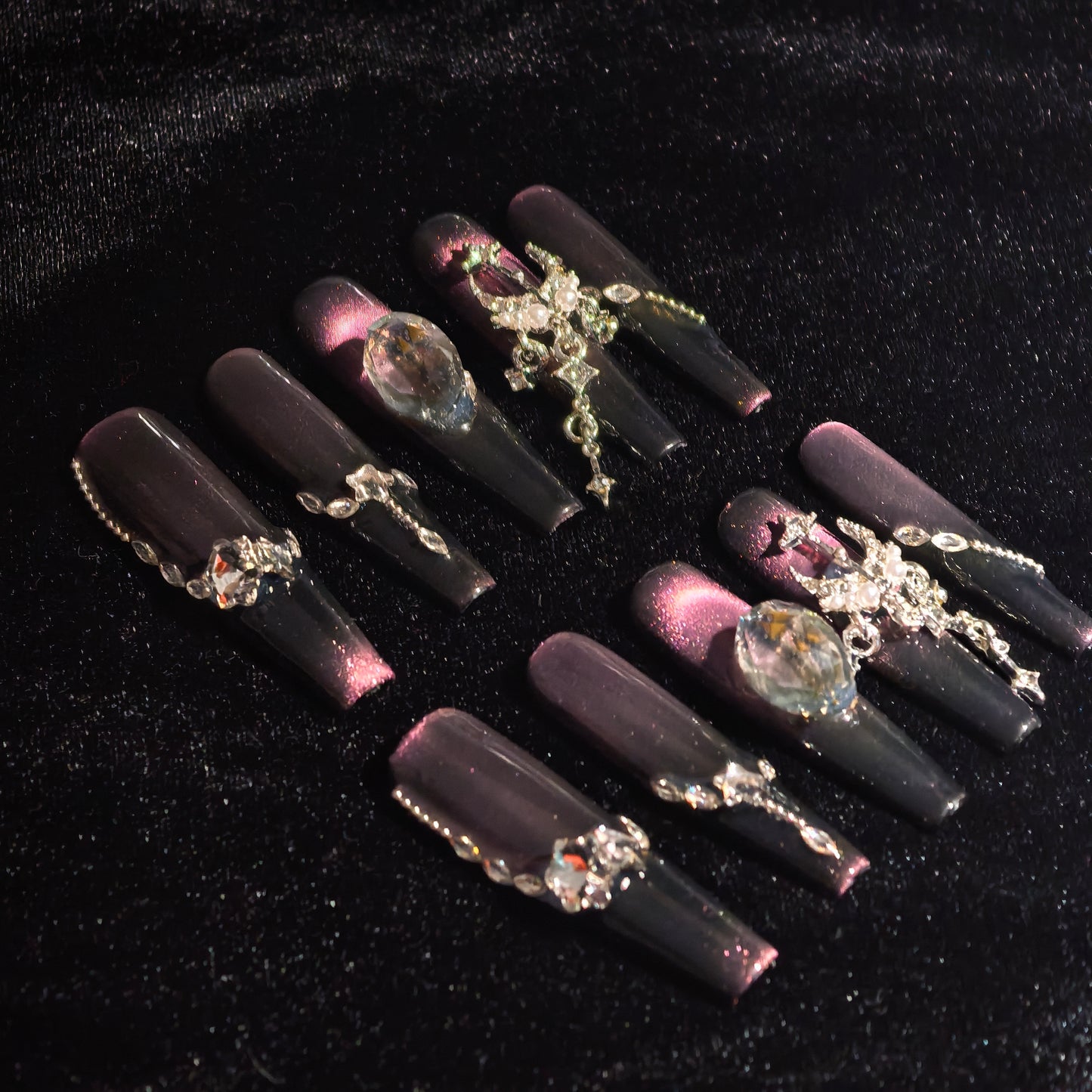 Luxury Diamante Cat Eye Gradient Long Coffin Wearable Nails | Wedding Evening Party Bridal Nail Art Stickers | 3D Rhinestone Manicure Extensions for Women