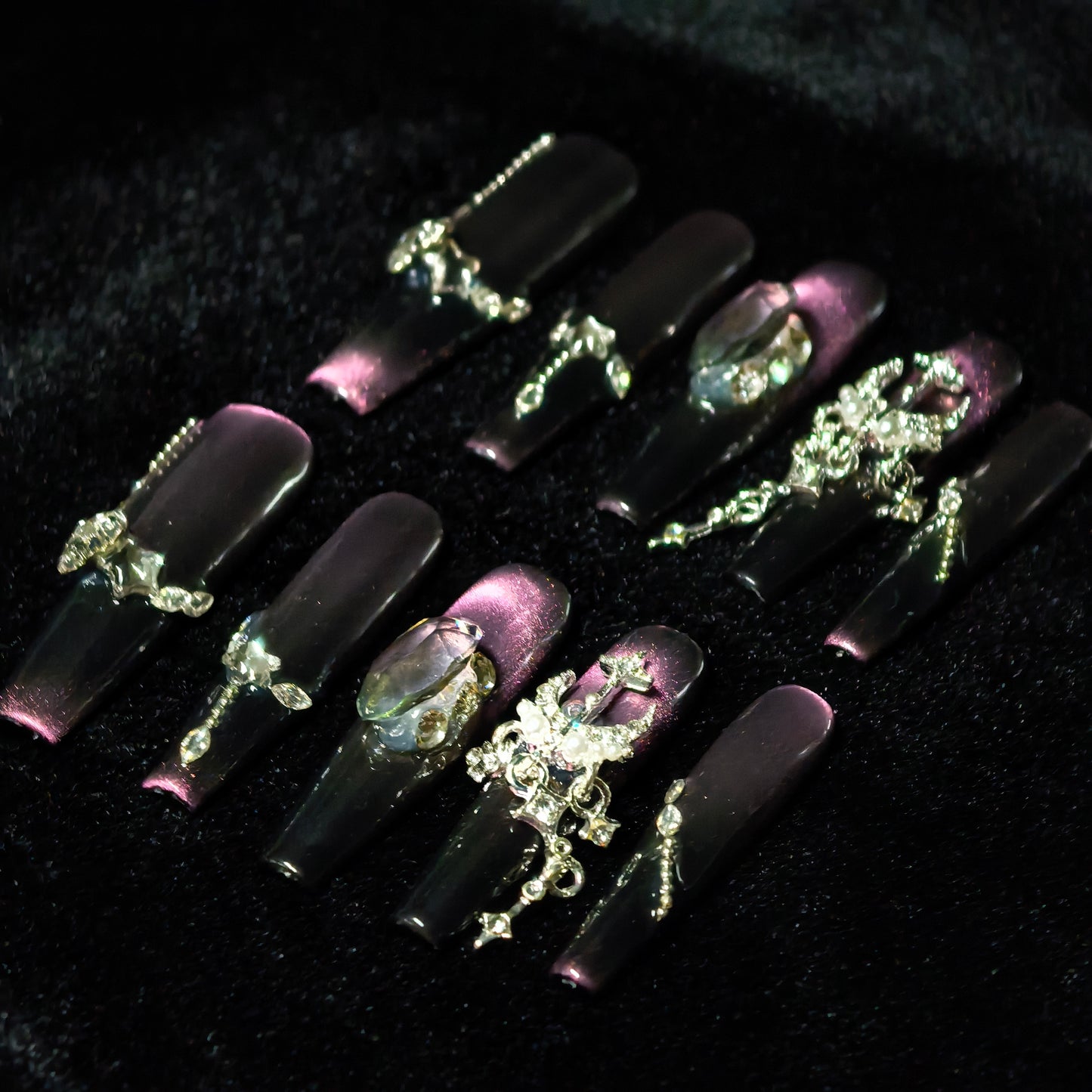 Luxury Diamante Cat Eye Gradient Long Coffin Wearable Nails | Wedding Evening Party Bridal Nail Art Stickers | 3D Rhinestone Manicure Extensions for Women