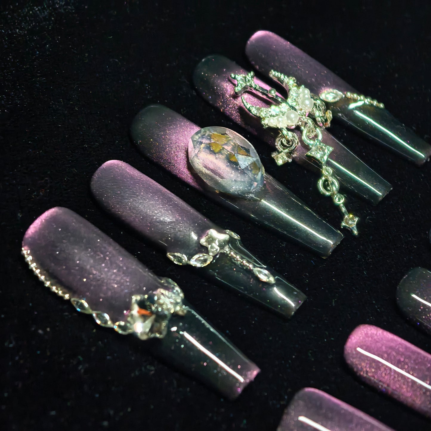 Luxury Diamante Cat Eye Gradient Long Coffin Wearable Nails | Wedding Evening Party Bridal Nail Art Stickers | 3D Rhinestone Manicure Extensions for Women