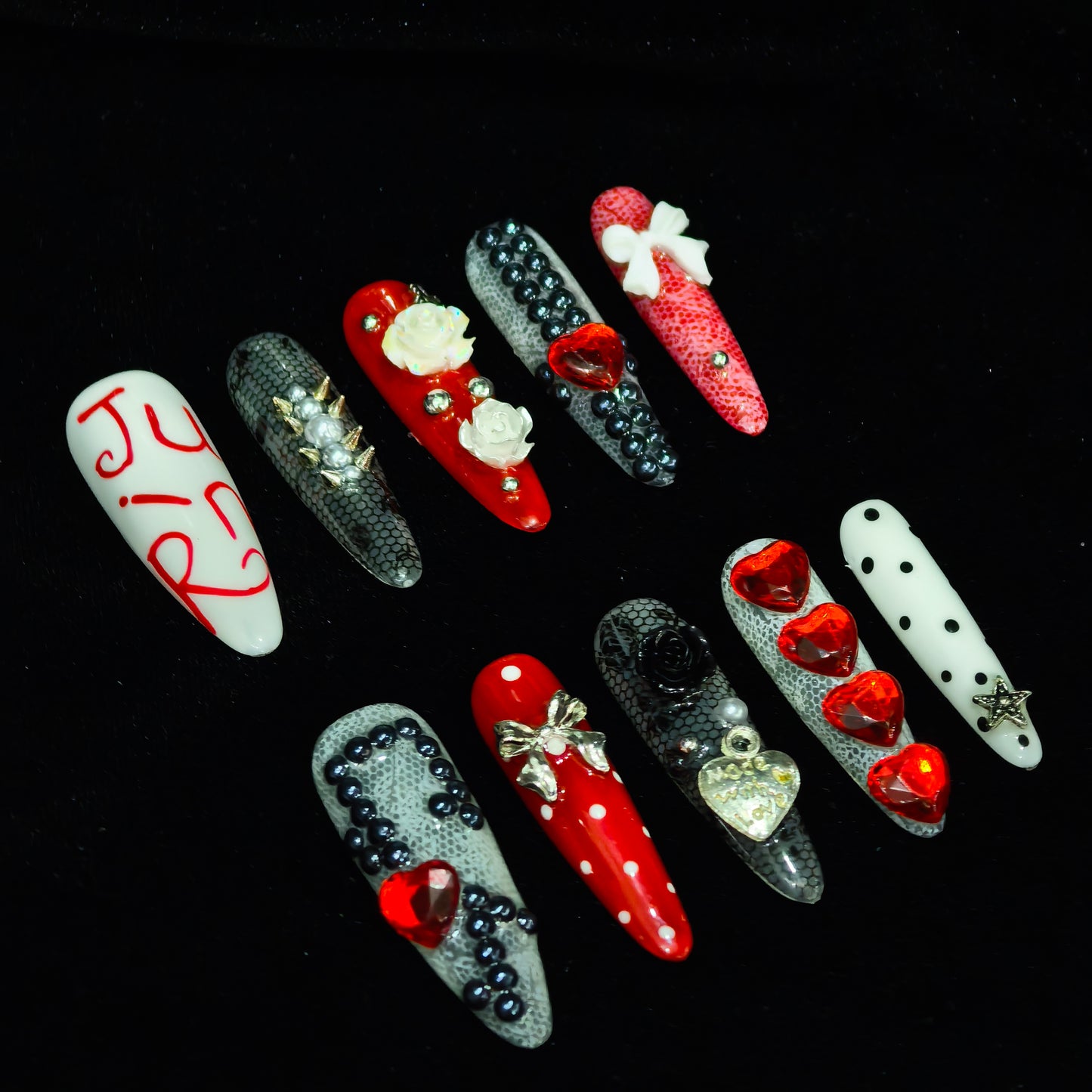 Gothic Y2K Press On Nails Set | Handmade Lace Rhinestone Bow Heart Punk Rivet Polka Dot Long - Lasting Gel Nail Tips for Women